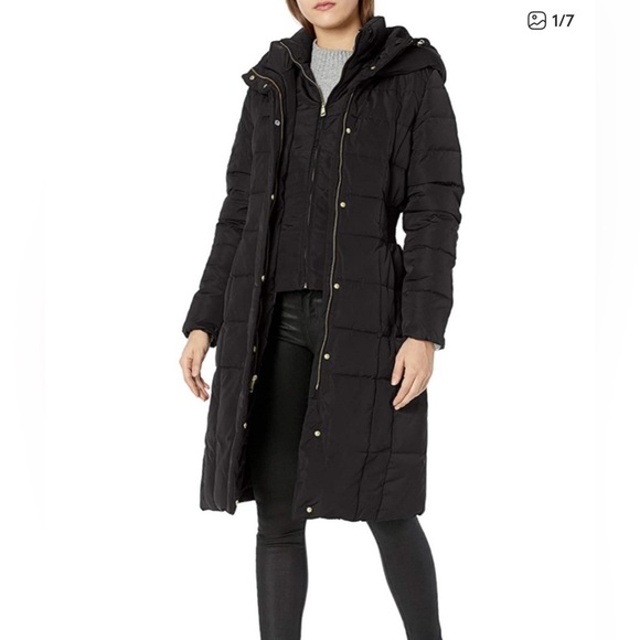 Cole Haan Black Down Feather Fill Long Quilted Puffer Coat w/ Hood & Bib - Picture 1 of 16